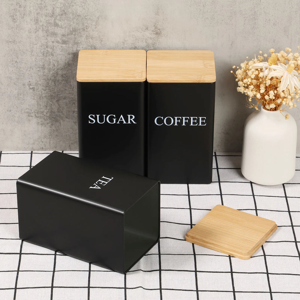 Airtight Coffee, Tea & Sugar Jar - Luxury Metal Canister with Bamboo Lid for Freshness