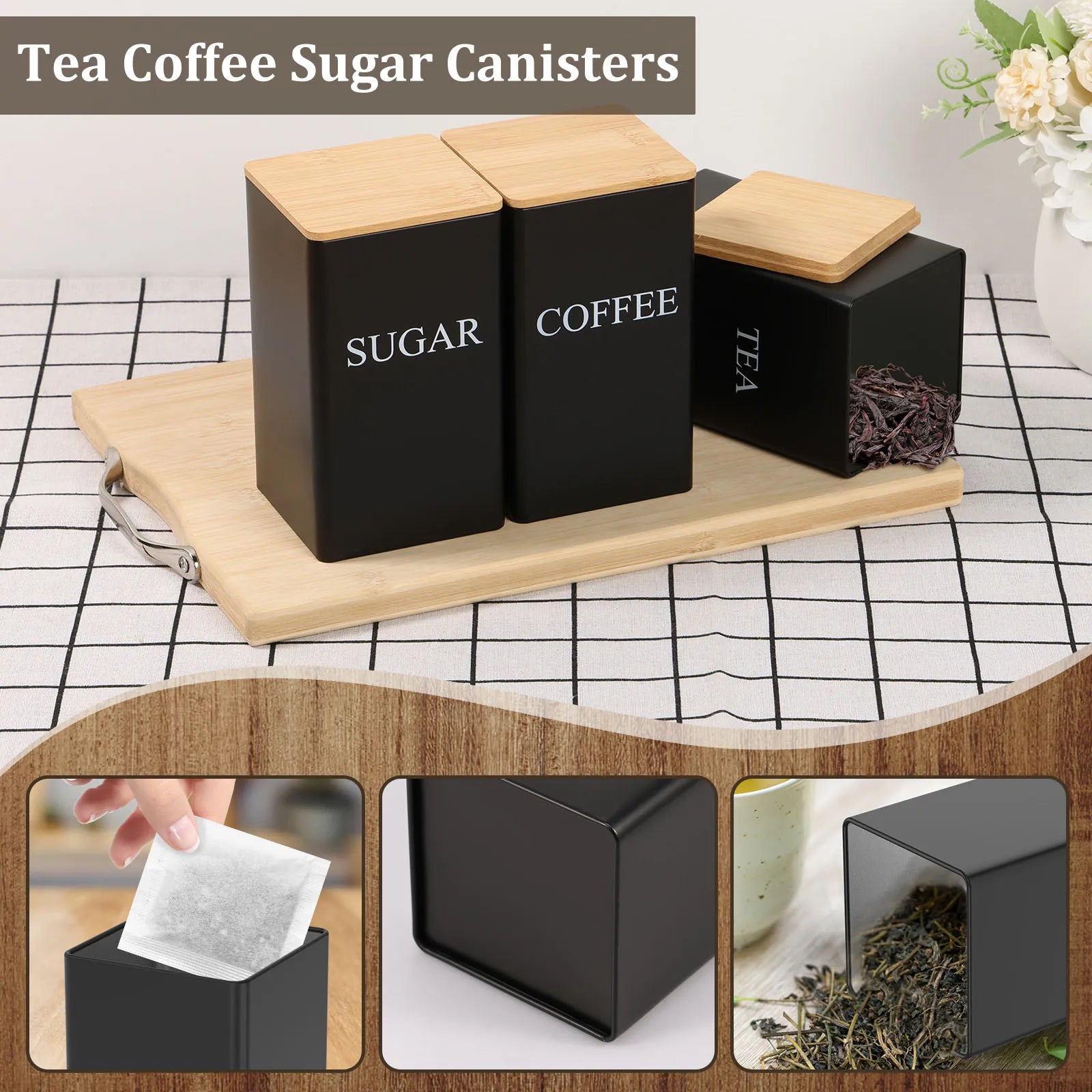 Airtight Coffee, Tea & Sugar Jar - Luxury Metal Canister with Bamboo Lid for Freshness