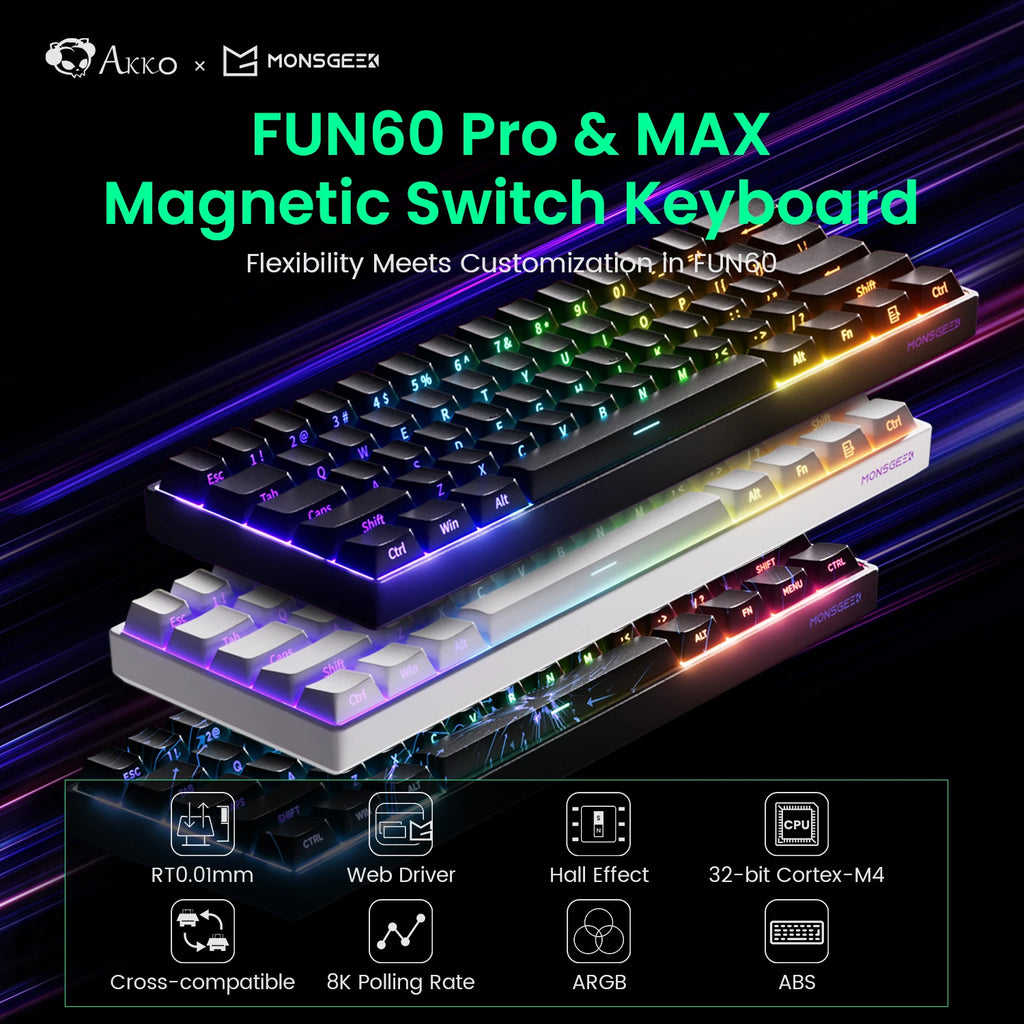 Pro-Level Precision: AKKO x MONSGEEK FUN60 PRO & MAX Wireless 60% Mechanical Keyboard with Magnetic Switches & Customizable RGB