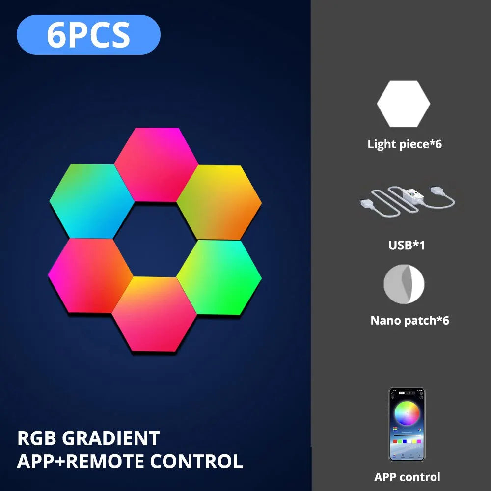 RGB Hexagon Wall Light Panels | Smart Color-Changing Modular Lamp with APP & Music Sync for Gaming Room, Bedroom, and Decor