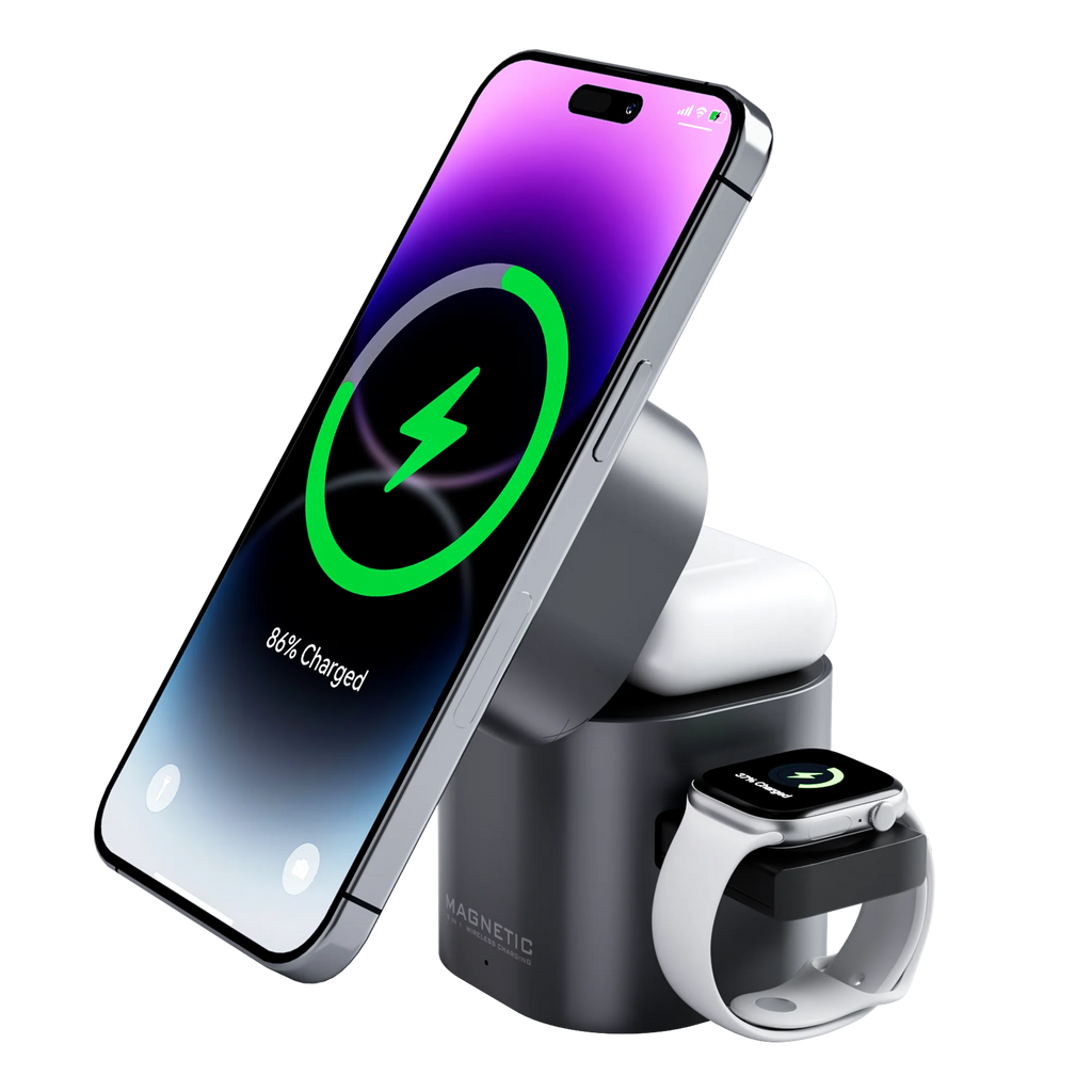 3-in-1 Magnetic Wireless Charger Stand | 15W Fast Charging Dock for iPhone 12–16, Apple Watch, and AirPods | Foldable Desk Charging Station