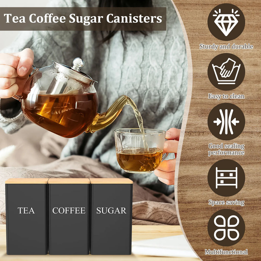 Airtight Coffee, Tea & Sugar Jar - Luxury Metal Canister with Bamboo Lid for Freshness