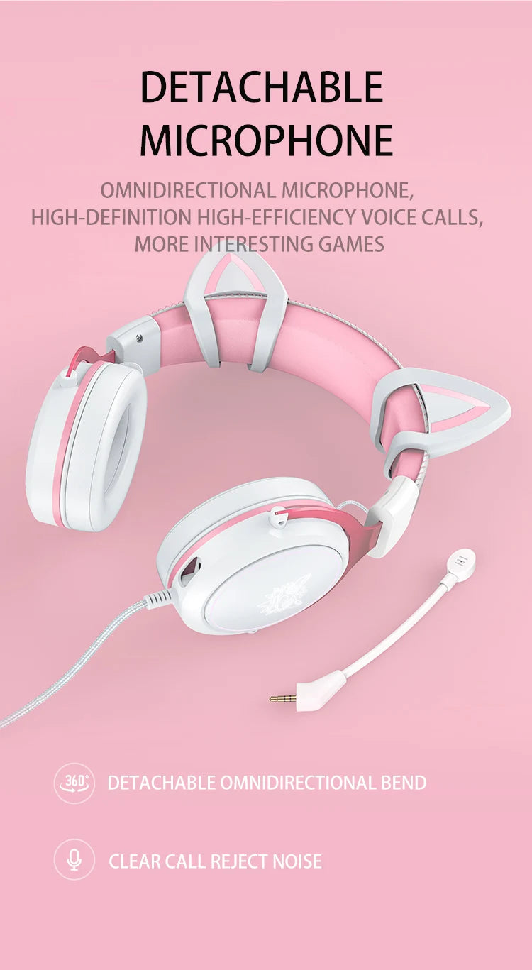 Onikuma RGB Cat Ear Gaming Headset – Pink Noise Cancelling Headphones with Mic & LED Lights