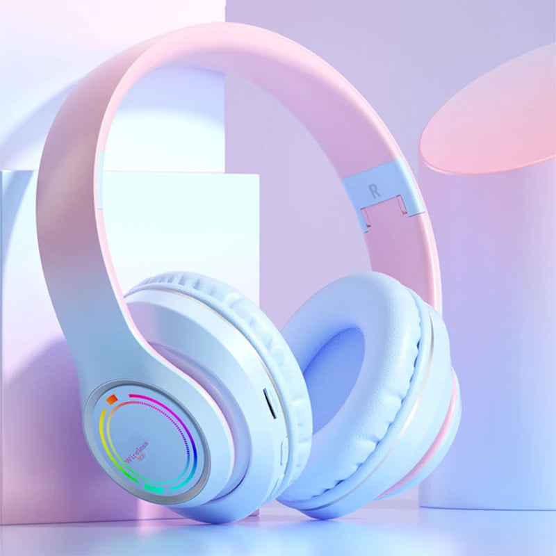 Gradient Color Luminous Wireless Headset | Bluetooth Headphones with Mic, SD Card Slot & RGB Lighting for Gaming, Music & Calls