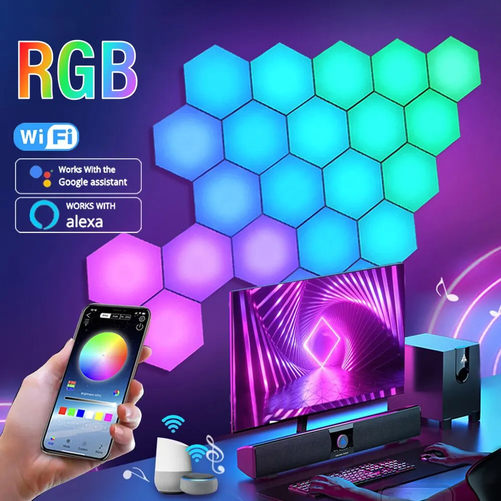 RGB Hexagon Wall Light Panels | Smart Color-Changing Modular Lamp with APP & Music Sync for Gaming Room, Bedroom, and Decor