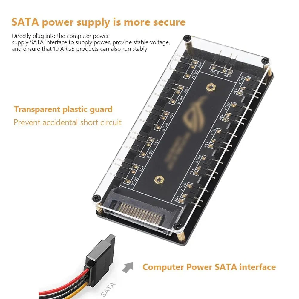 5V ARGB Splitter Hub — 1-to-10 Port 3-Pin Addressable RGB Controller w/ SATA Power