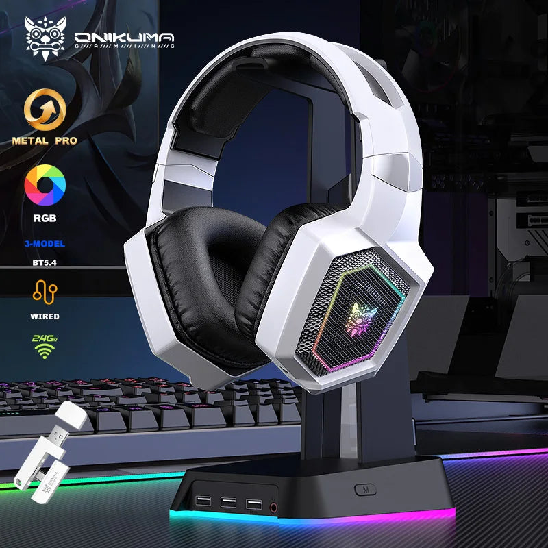 ONIKUMA GT806 Tri-Mode Wireless Gaming Headset with Detachable Mic | 2.4GHz, Bluetooth 5.3 & Wired Modes | RGB Lights, Noise-Cancelling, Deep Bass