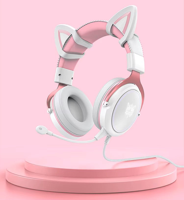 Onikuma RGB Cat Ear Gaming Headset – Pink Noise Cancelling Headphones with Mic & LED Lights