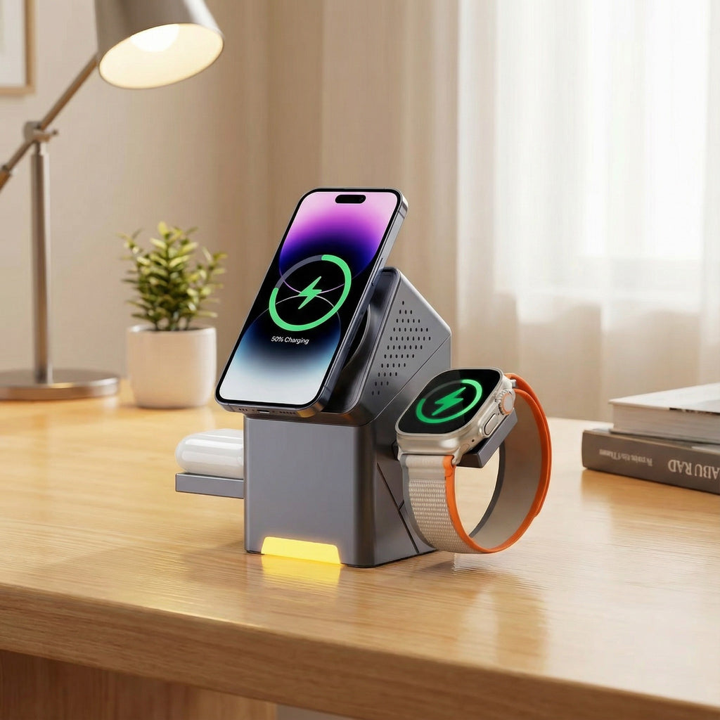 3-in-1 Automatic Rotating 15W Fast Wireless Charger – Pop-Up Dock for iPhone, Apple Watch & AirPods | Foldable Travel Charging Station