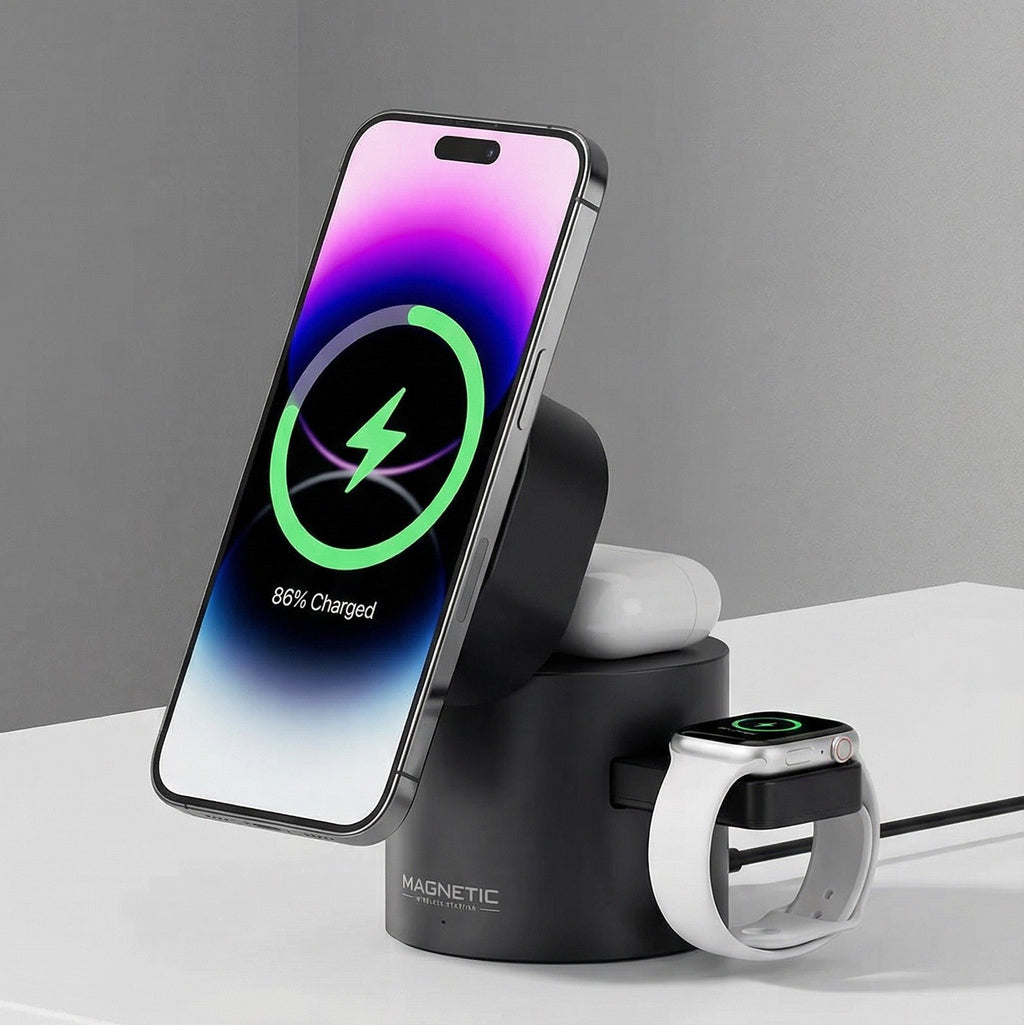 3-in-1 Magnetic Wireless Charger Stand | 15W Fast Charging Dock for iPhone 12–16, Apple Watch, and AirPods | Foldable Desk Charging Station