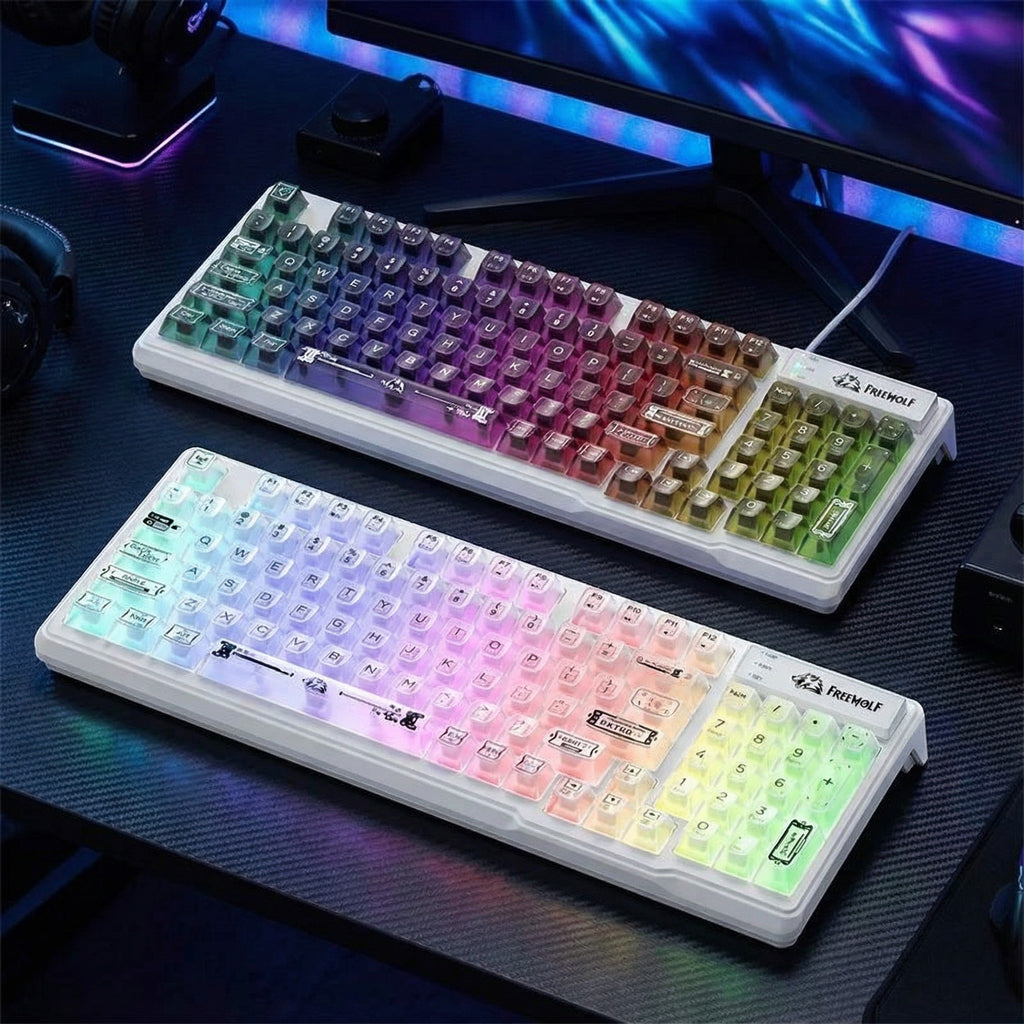 FREEWOLF M95 Silent RGB Gaming Keyboard | Wired Transparent Backlit Ergonomic Keyboard for Laptop & PC