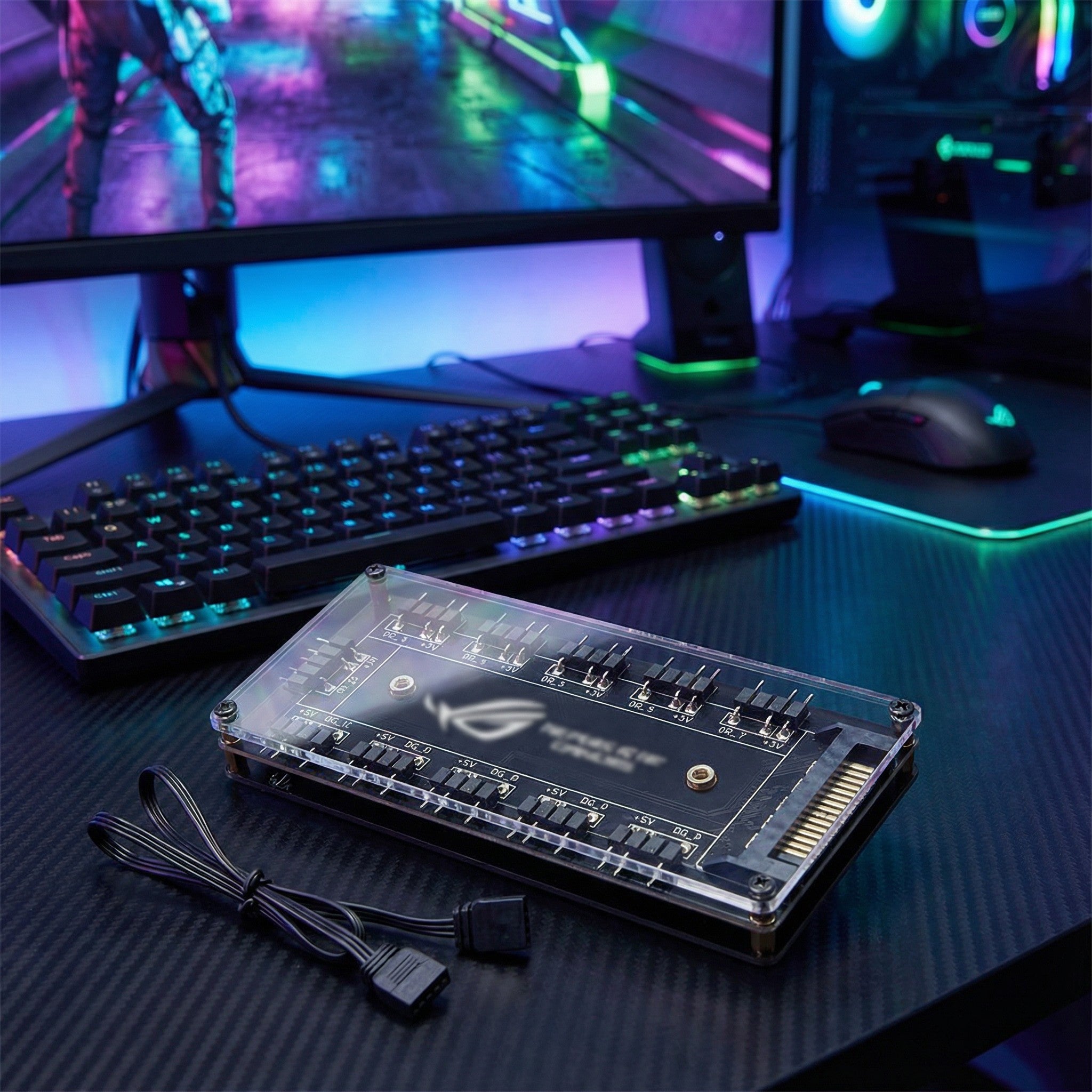 5V ARGB Splitter Hub — 1-to-10 Port 3-Pin Addressable RGB Controller w/ SATA Power