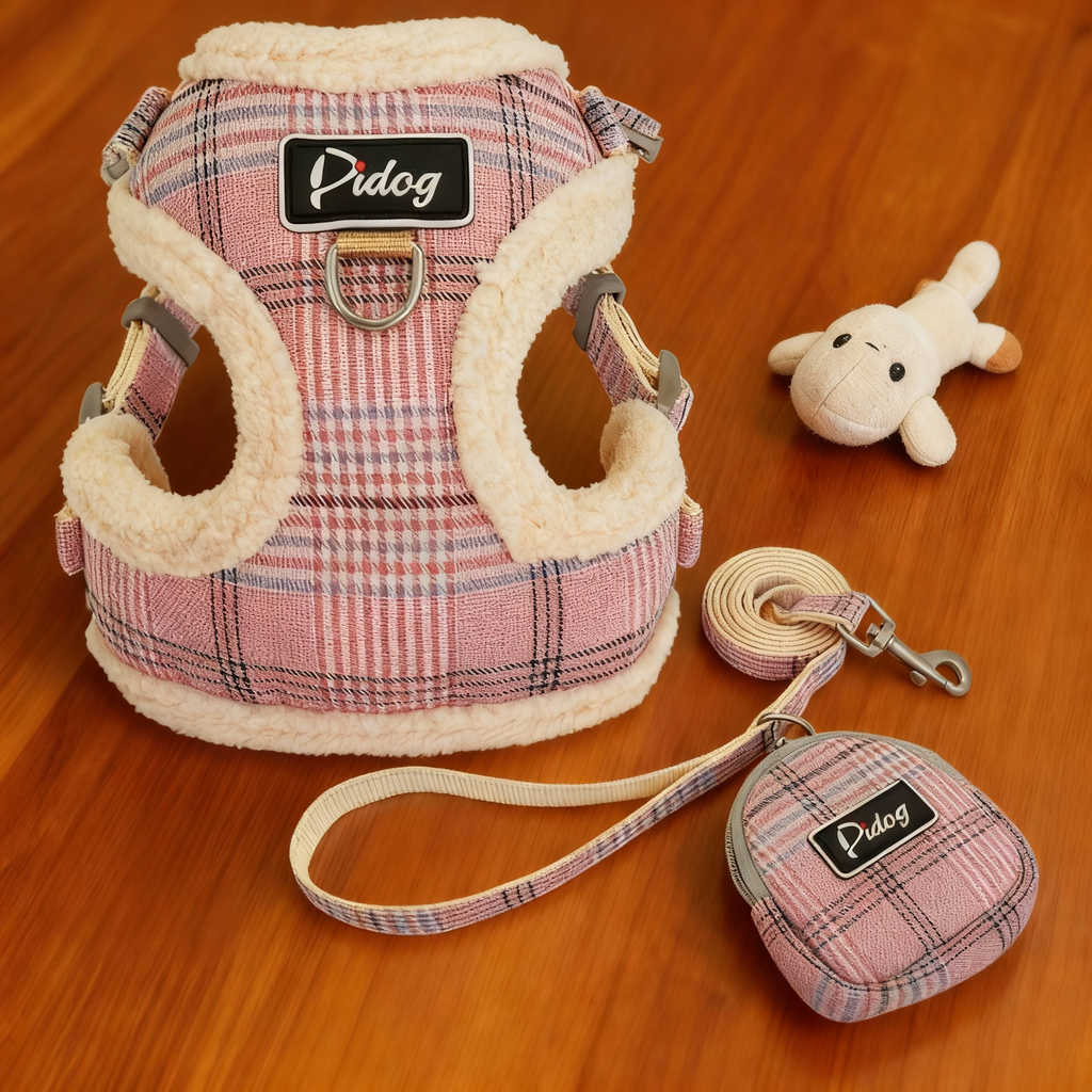Cozy Plaid Fleece Dog Harness & Leash Set – Soft Padded, Adjustable, No-Pull Comfort