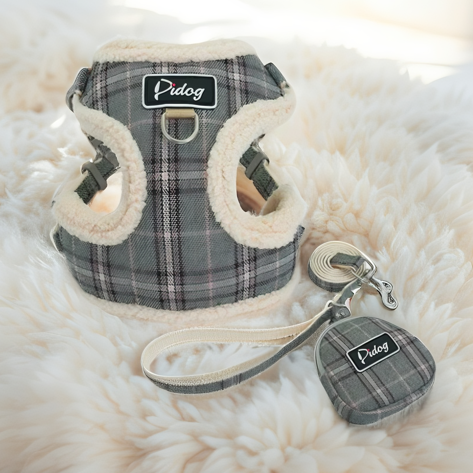 Cozy Plaid Fleece Dog Harness & Leash Set – Soft Padded, Adjustable, No-Pull Comfort