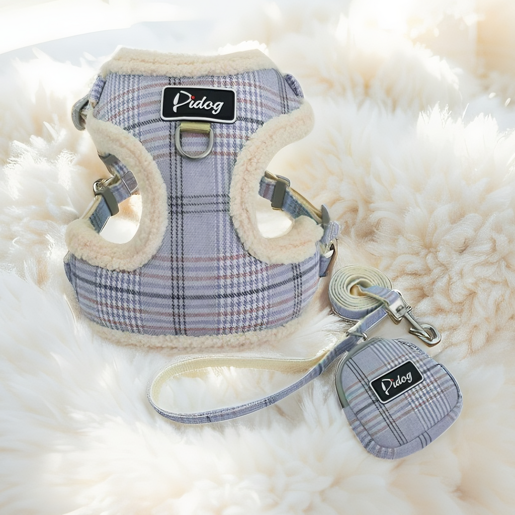 Cozy Plaid Fleece Dog Harness & Leash Set – Soft Padded, Adjustable, No-Pull Comfort
