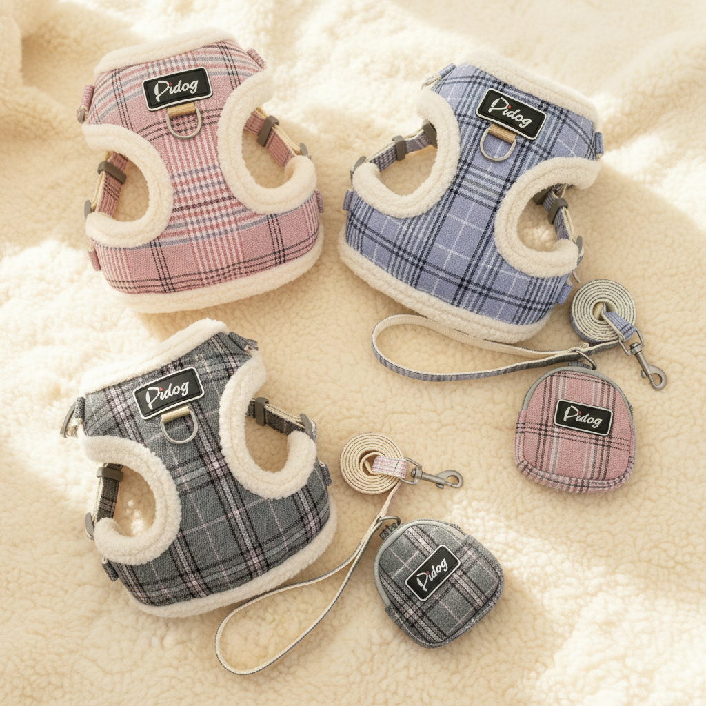 Cozy Plaid Fleece Dog Harness & Leash Set – Soft Padded, Adjustable, No-Pull Comfort